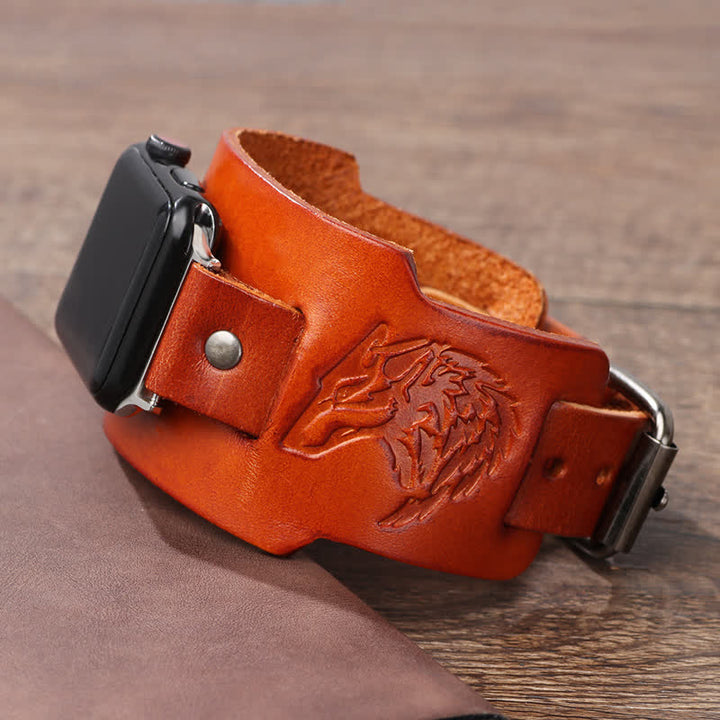 Pulsera de cuero con diseño de lobo y relieve punk