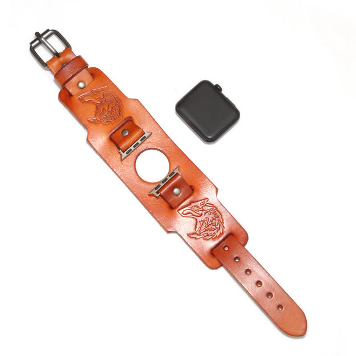 Pulsera de cuero con diseño de lobo y relieve punk