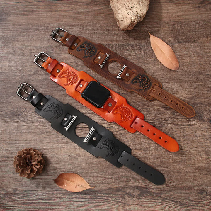 Pulsera de cuero con diseño de lobo y relieve punk