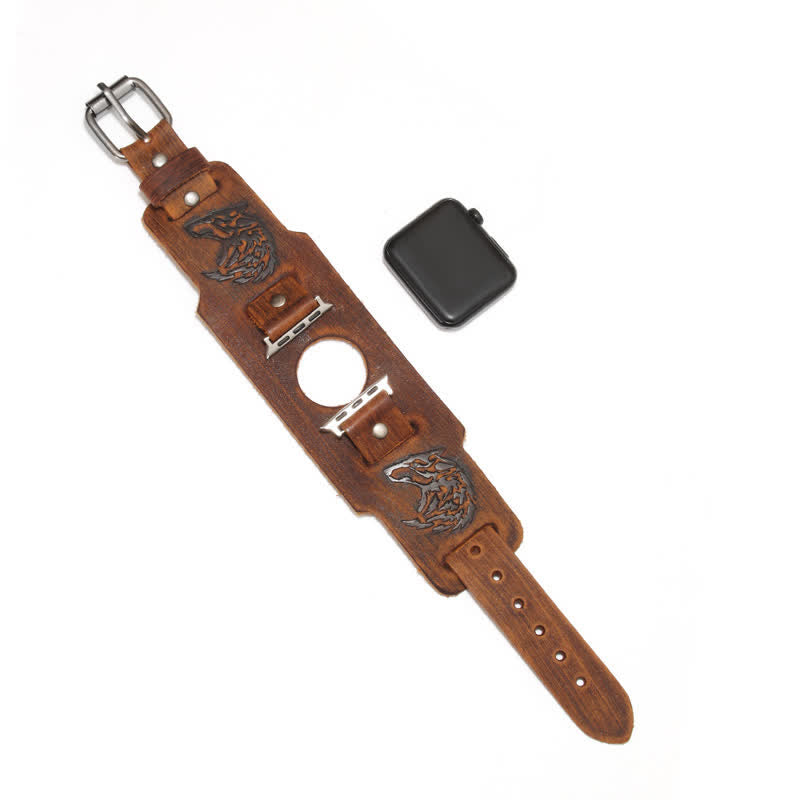 Pulsera de cuero con diseño de lobo y relieve punk