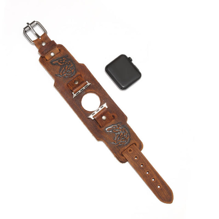Pulsera de cuero con diseño de lobo y relieve punk