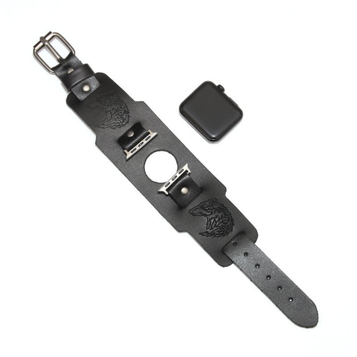 Pulsera de cuero con diseño de lobo y relieve punk