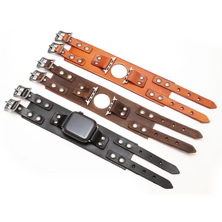 Correa de reloj de cuero genuino con doble correa elegante