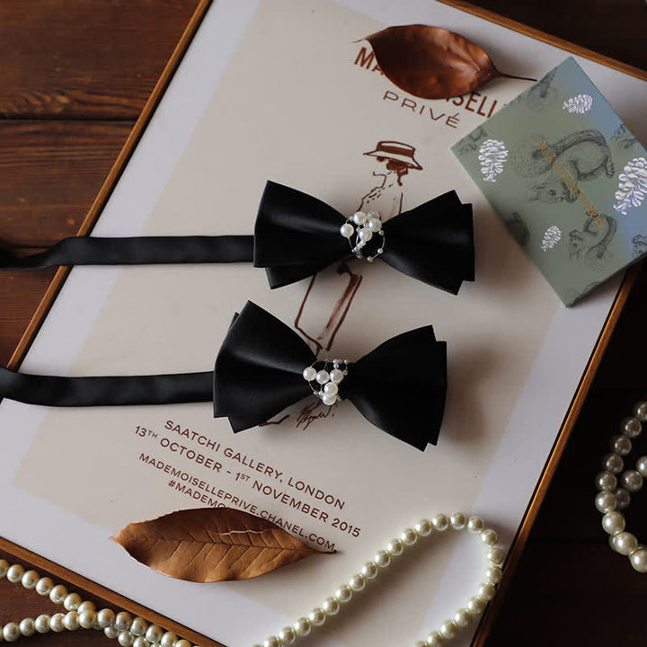 Pajarita de boda negra con perla y temperamento para hombre