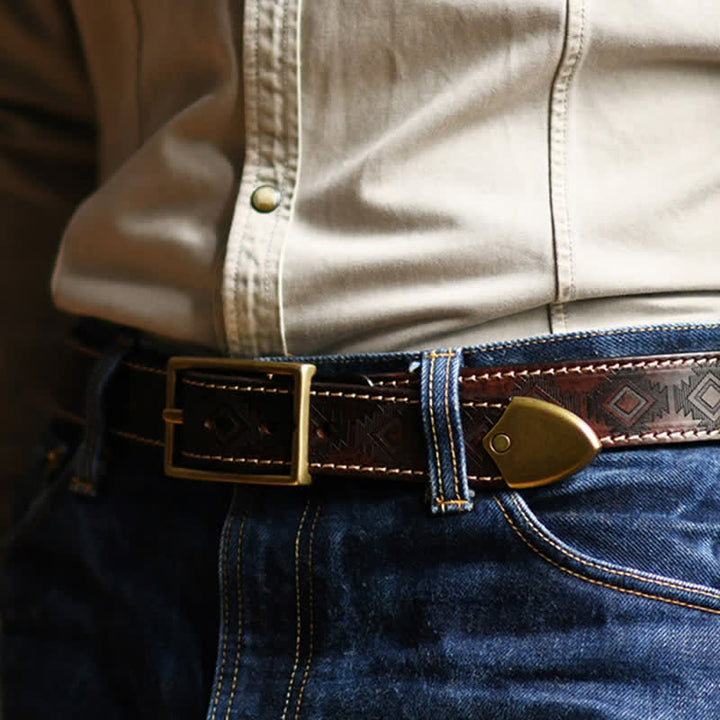 Cinturón de cuero con patrón geométrico occidental para hombre