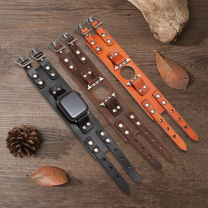 Correa de reloj de cuero genuino con doble correa elegante