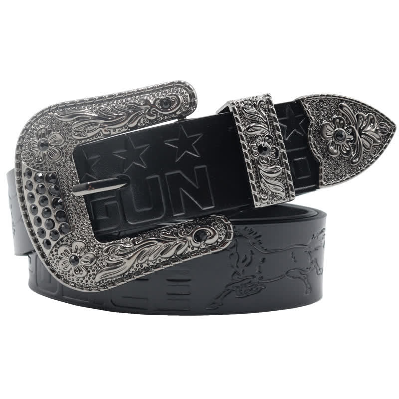 Cinturón de cuero con hebilla tallada y diseño de vaquero para hombre