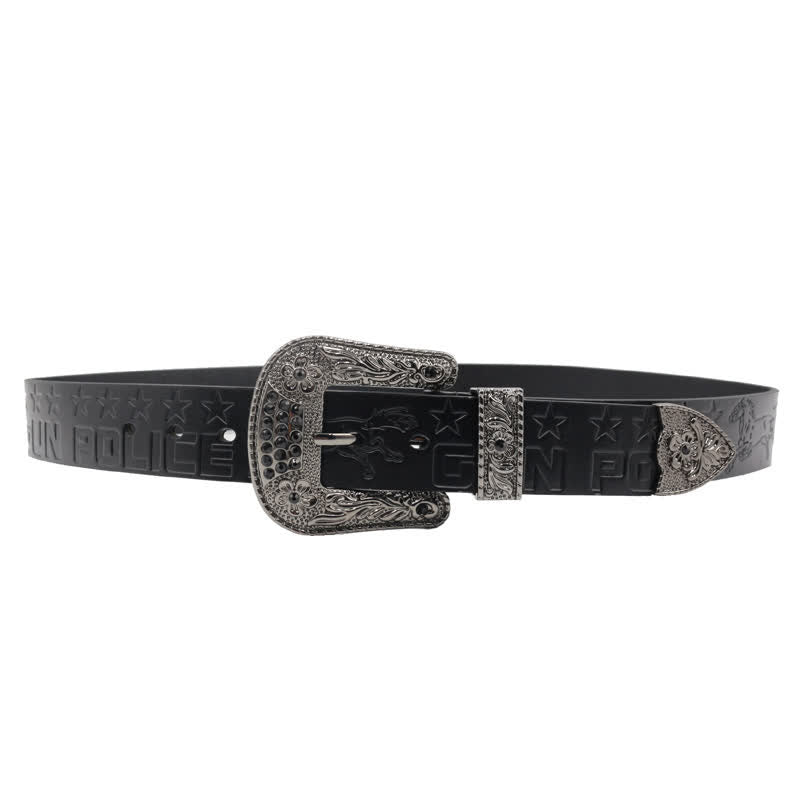 Cinturón de cuero con hebilla tallada y diseño de vaquero para hombre
