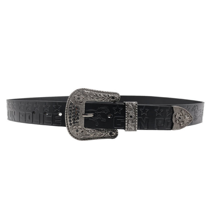 Cinturón de cuero con hebilla tallada y diseño de vaquero para hombre