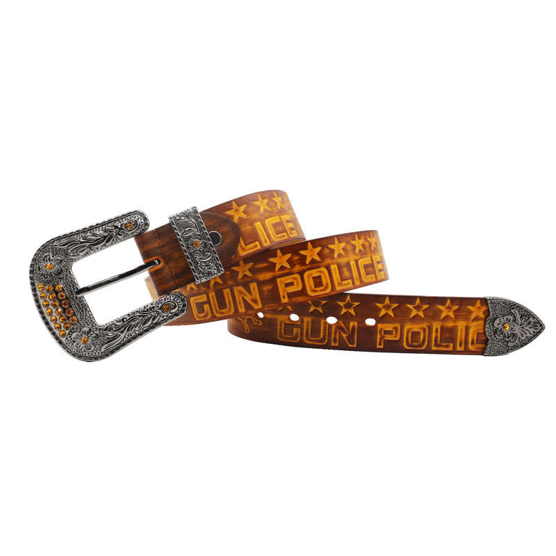 Cinturón de cuero con hebilla tallada y diseño de vaquero para hombre