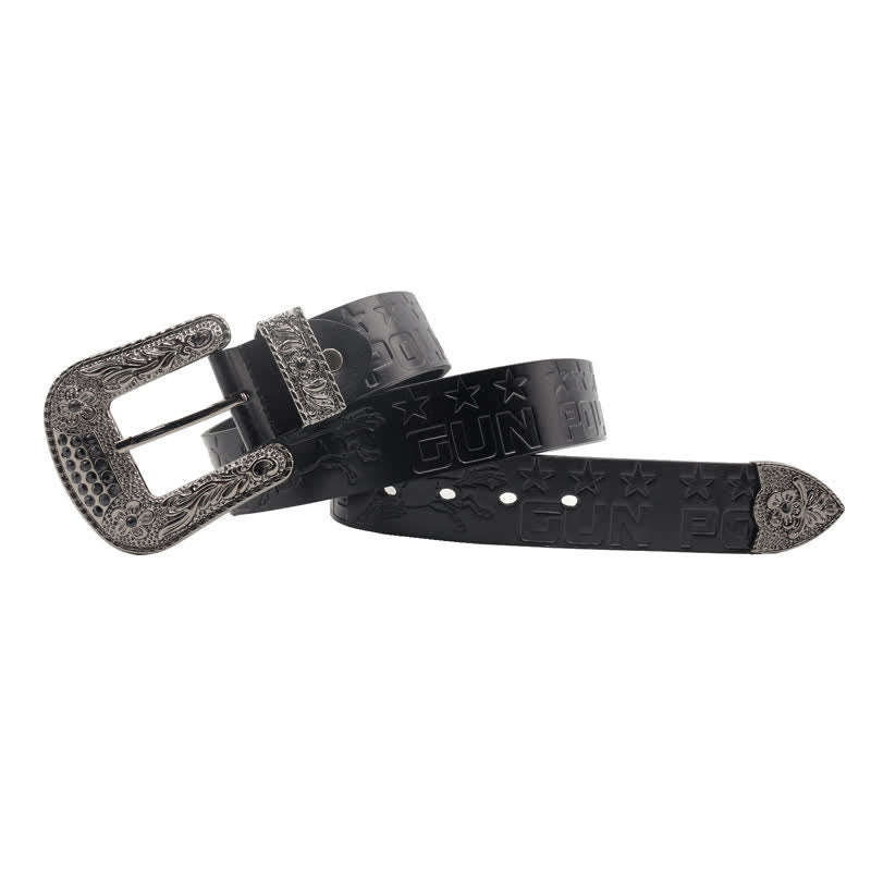 Cinturón de cuero con hebilla tallada y diseño de vaquero para hombre