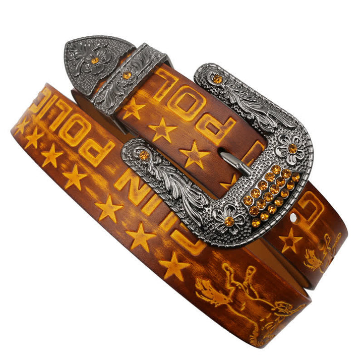 Cinturón de cuero con hebilla tallada y diseño de vaquero para hombre