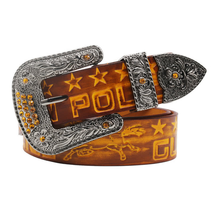 Cinturón de cuero con hebilla tallada y diseño de vaquero para hombre