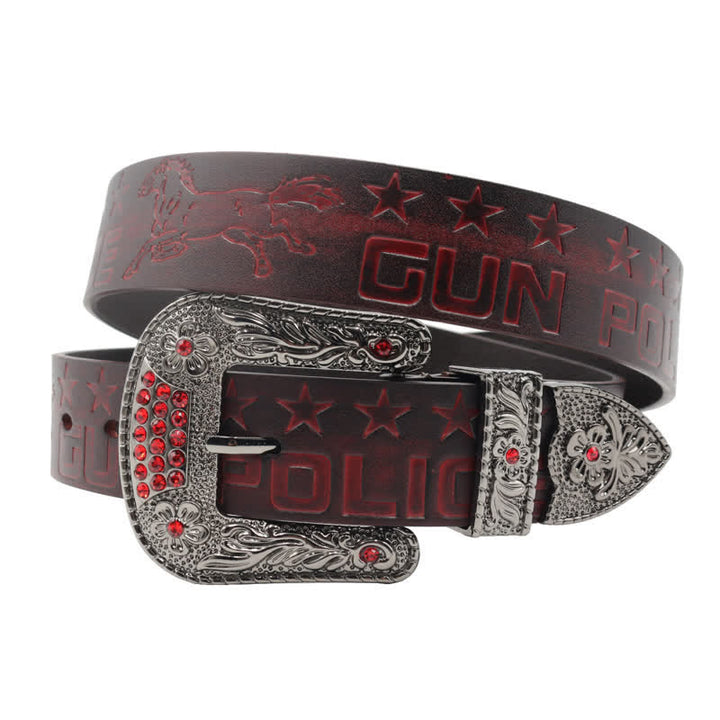 Cinturón de cuero con hebilla tallada y diseño de vaquero para hombre