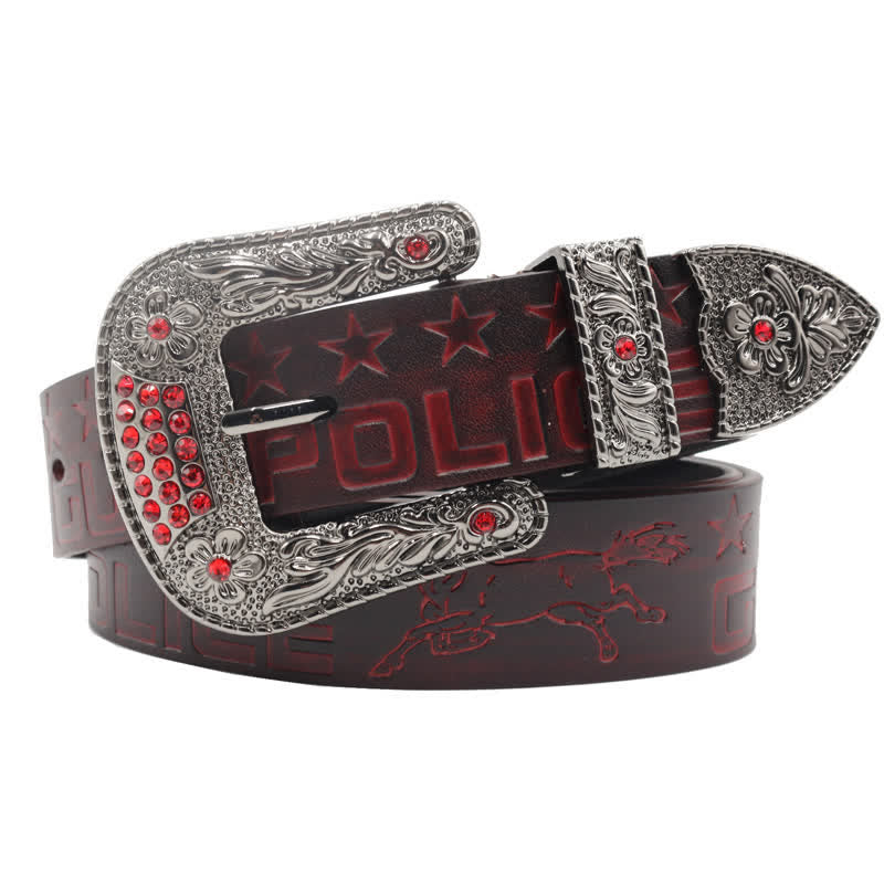 Cinturón de cuero con hebilla tallada y diseño de vaquero para hombre