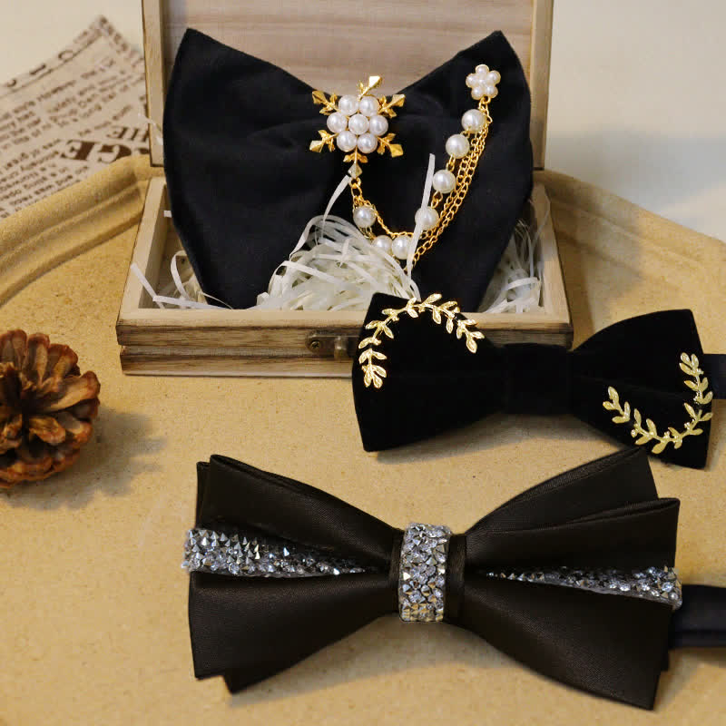 Conjunto de pajaritas de terciopelo negro con brillantes diamantes de imitación