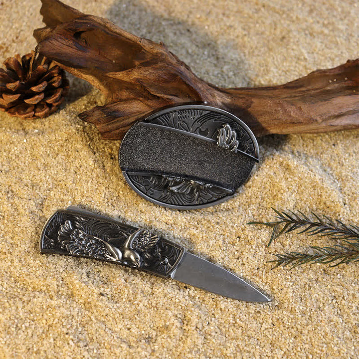Conjunto de hebillas de cinturón de cuero con cuchillo plegable oculto para hombre, popular para armar uno mismo