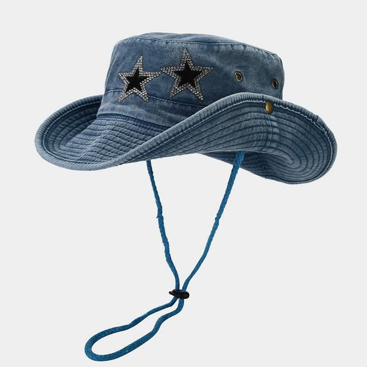 Sombrero de pescador unisex con estrella y diamantes de imitación de vaquero