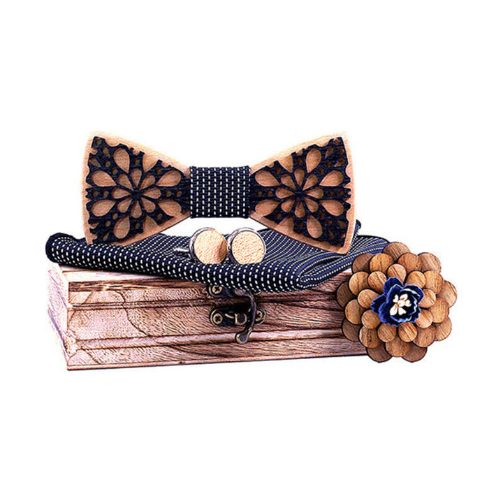Juego de 4 pajaritas de madera con accesorios de patchwork para hombre