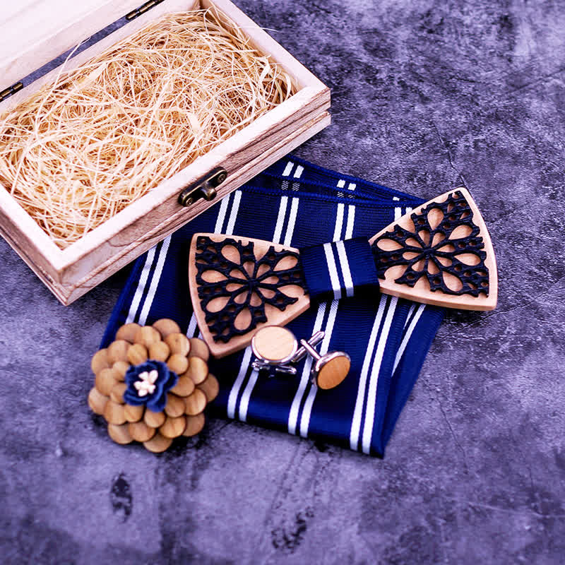 Juego de 4 pajaritas de madera con accesorios de patchwork para hombre