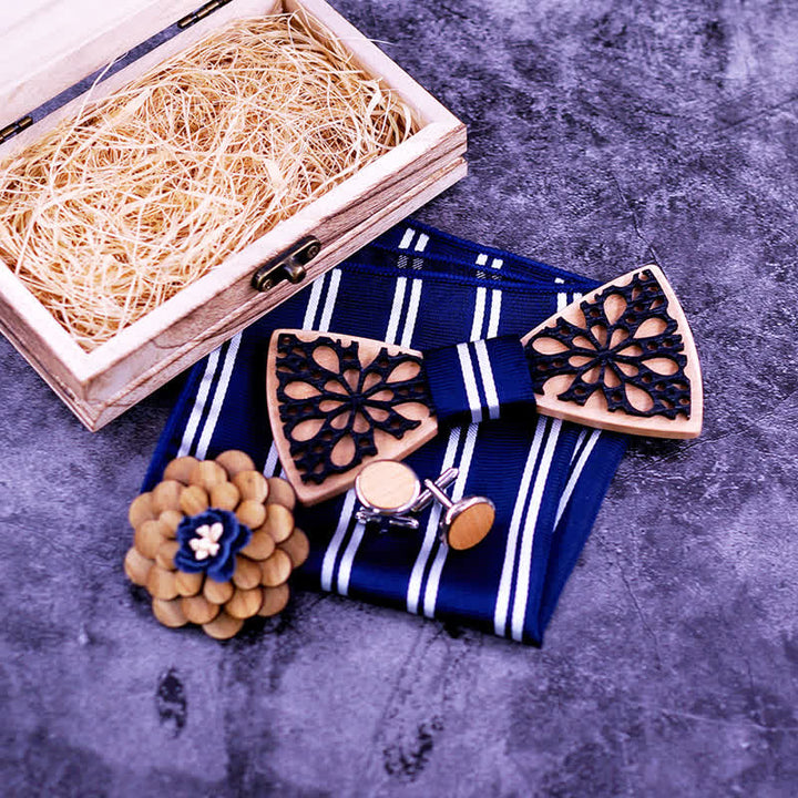 Juego de 4 pajaritas de madera con accesorios de patchwork para hombre