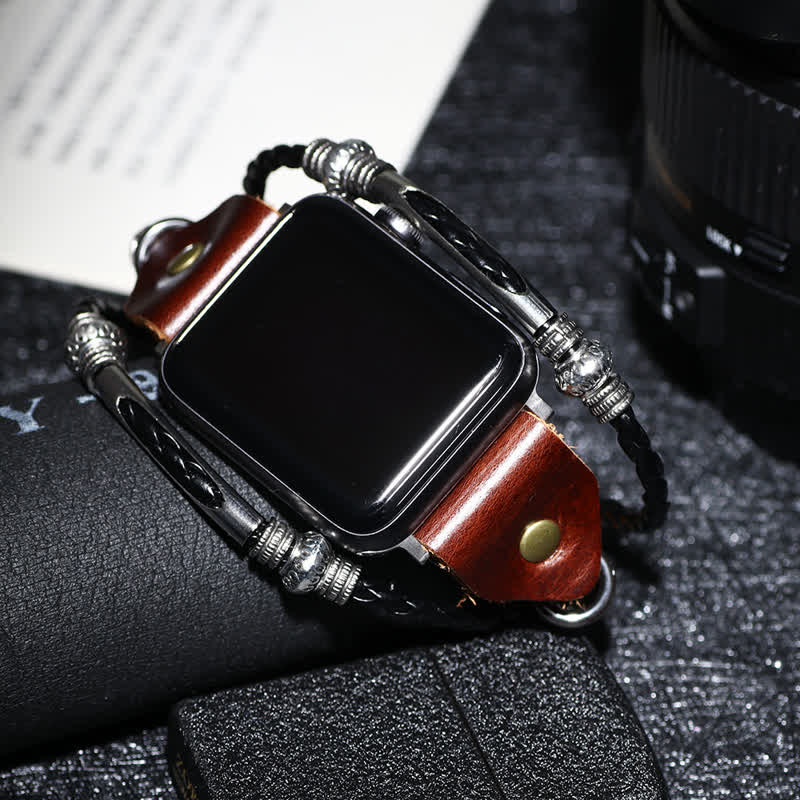 Correa de reloj de cuero trenzado con relieve étnico