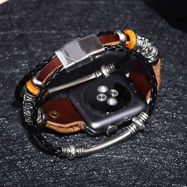 Correa de reloj de cuero trenzado con relieve étnico