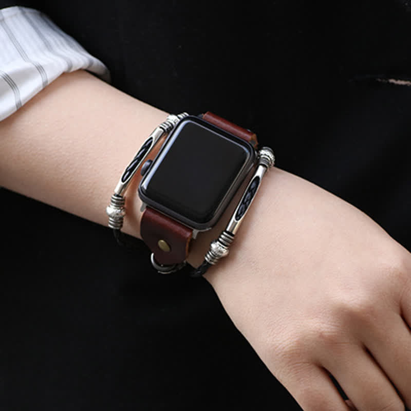 Correa de reloj de cuero trenzado con relieve étnico