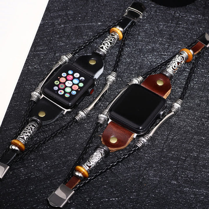 Correa de reloj de cuero trenzado con relieve étnico