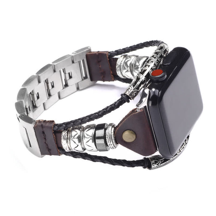 Correa de reloj de cuero trenzado con cadena de acero inoxidable