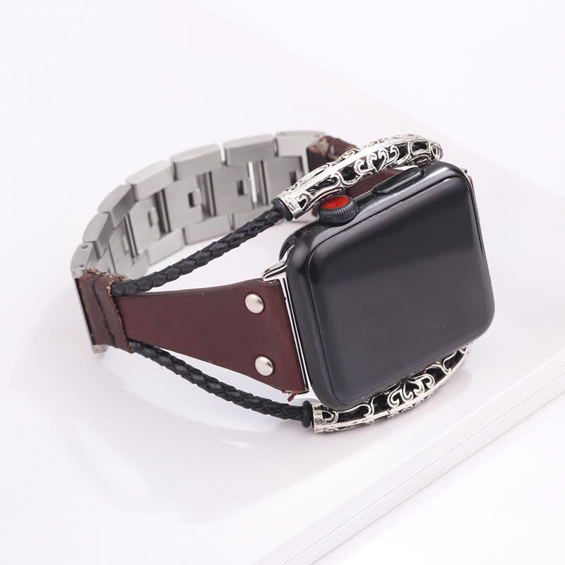 Correa de reloj de cuero con cadena de acero inoxidable estilo boho