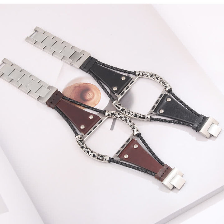 Correa de reloj de cuero con cadena de acero inoxidable estilo boho