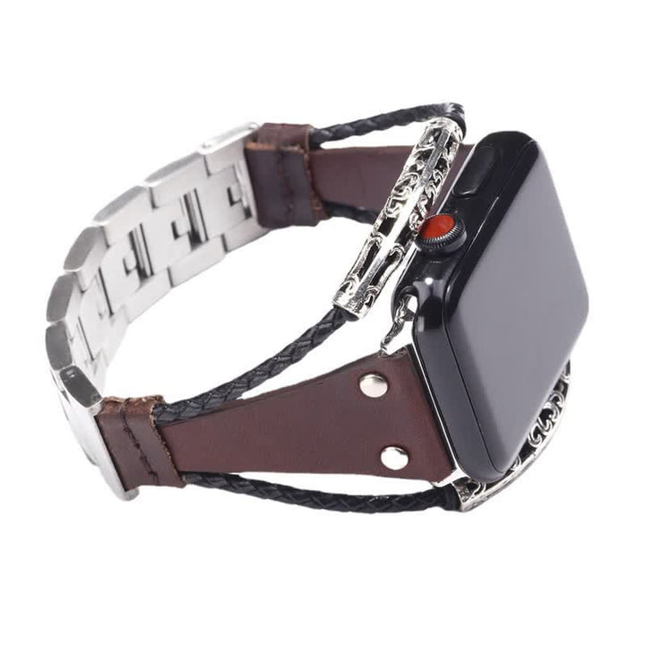 Correa de reloj de cuero con cadena de acero inoxidable estilo boho