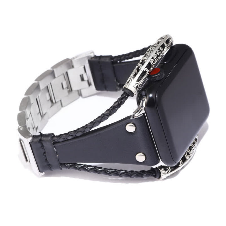 Correa de reloj de cuero con cadena de acero inoxidable estilo boho