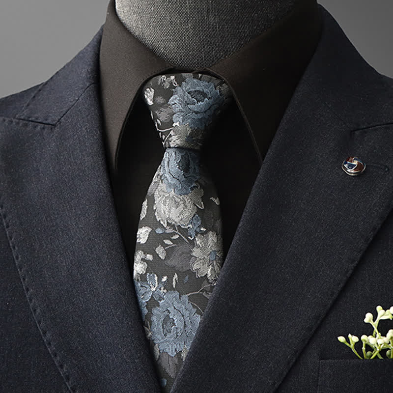 Corbata para hombre con estampado floral de arte vintage - Azul y gris - Auto-atado - image 1