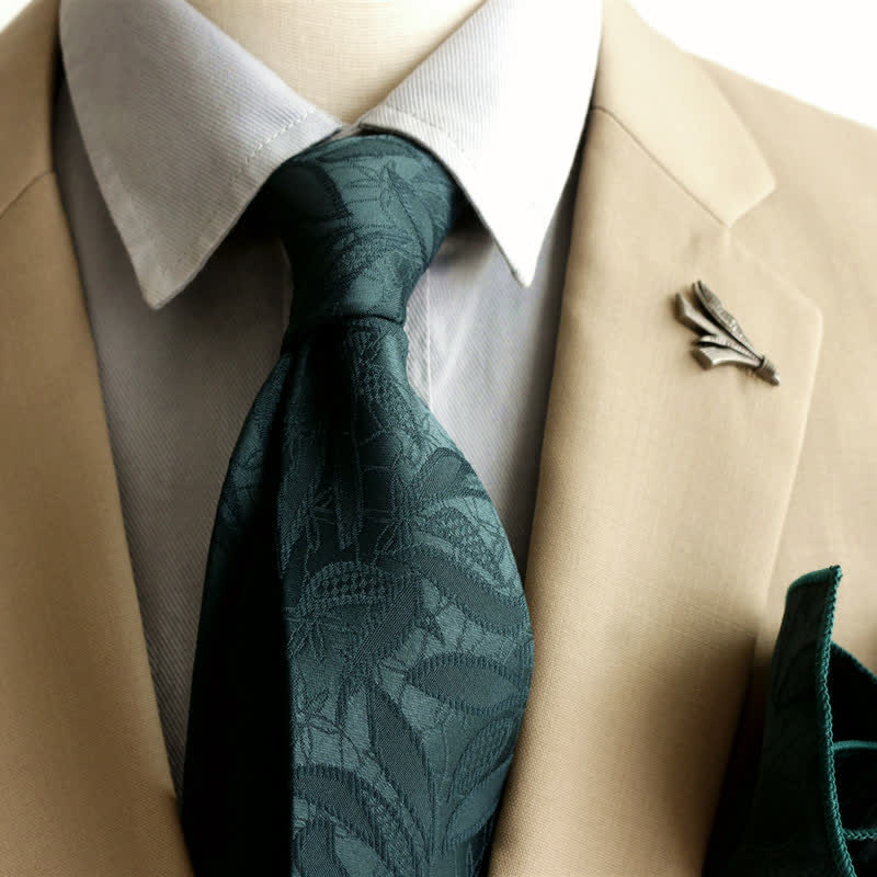 Corbata informal con estampado de hojas y jacquard floral para hombre - Verde oscuro - image 1