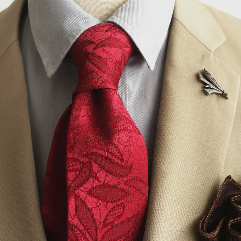 Corbata informal con estampado de hojas y jacquard floral para hombre - Rojo - image 14