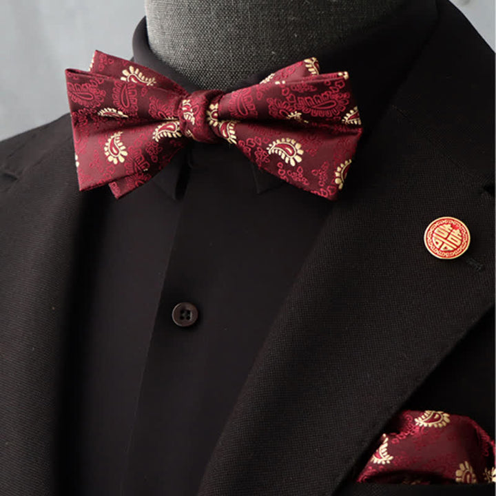 Conjunto de 2 pañuelos y pajaritas con estampado floral burdeos para hombre