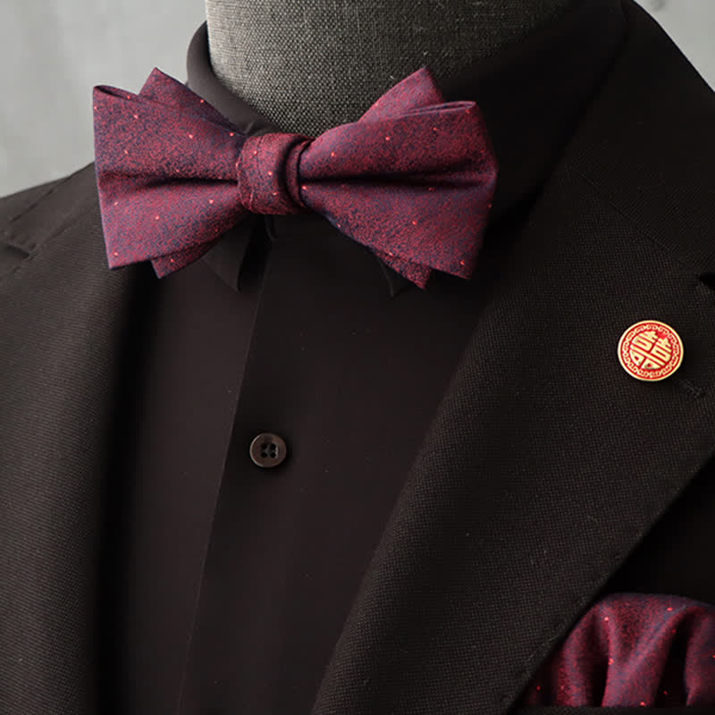 Conjunto de 2 pañuelos y pajaritas con estampado floral burdeos para hombre