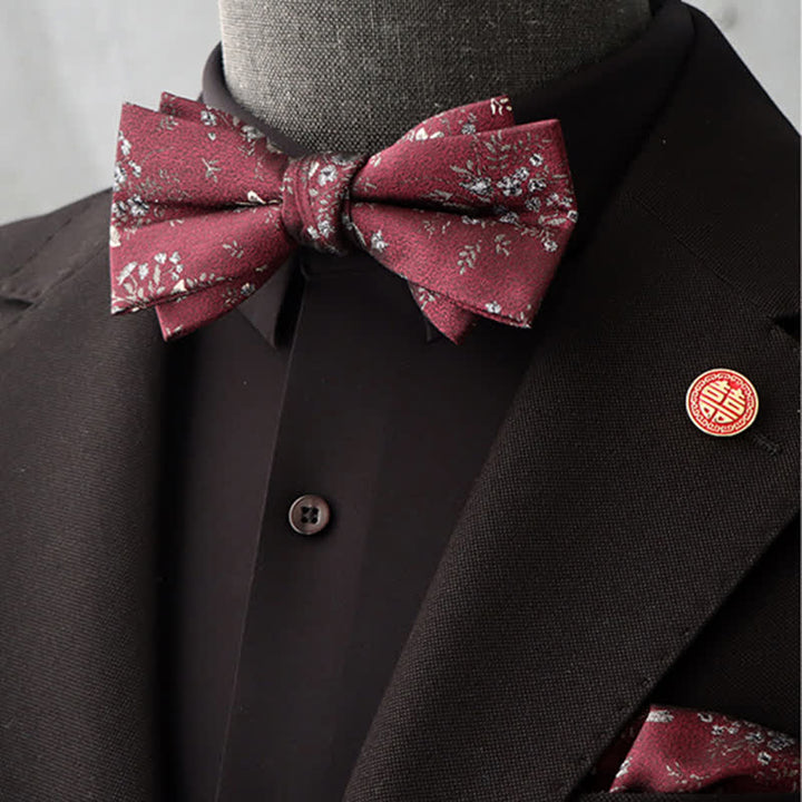 Conjunto de 2 pañuelos y pajaritas con estampado floral burdeos para hombre
