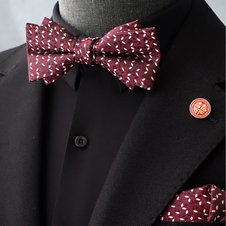 Conjunto de 2 pañuelos y pajaritas con estampado floral burdeos para hombre