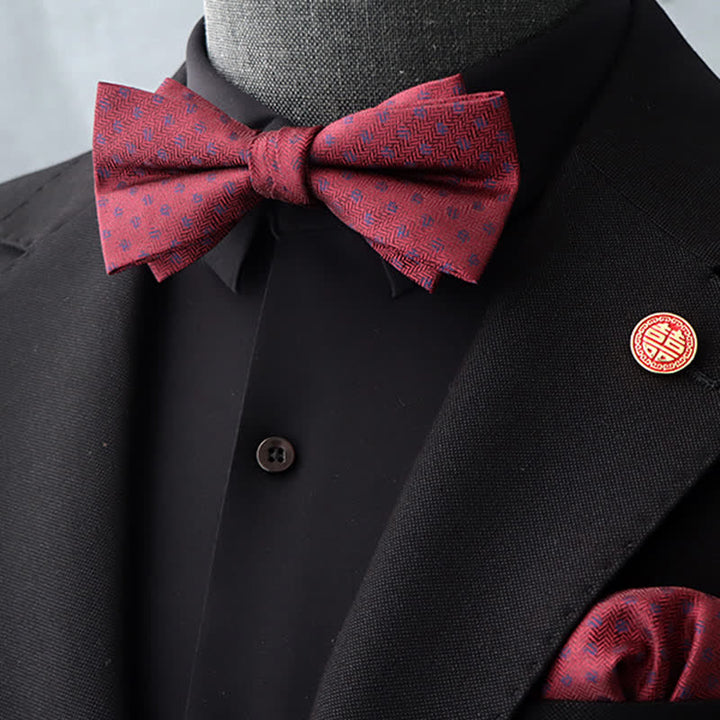 Conjunto de 2 pañuelos y pajaritas con estampado floral burdeos para hombre