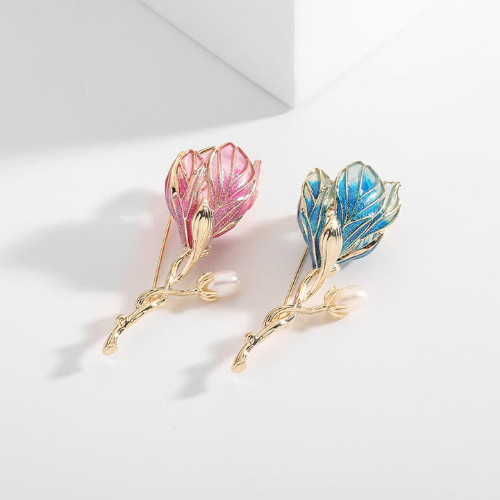 Broche de flor de magnolia esmaltada para mujer