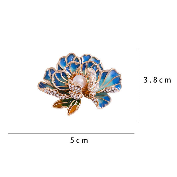Broche de mujer con flores de peonía esmaltadas e incrustaciones de perlas