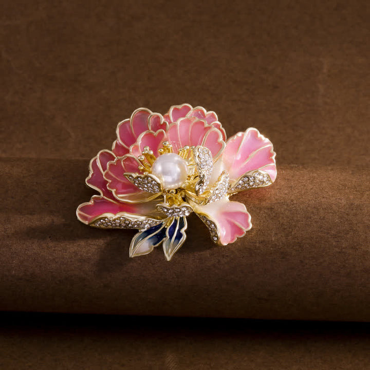 Broche de mujer con flores de peonía esmaltadas e incrustaciones de perlas