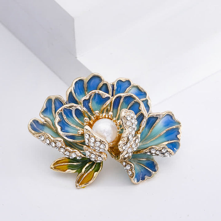 Broche de mujer con flores de peonía esmaltadas e incrustaciones de perlas
