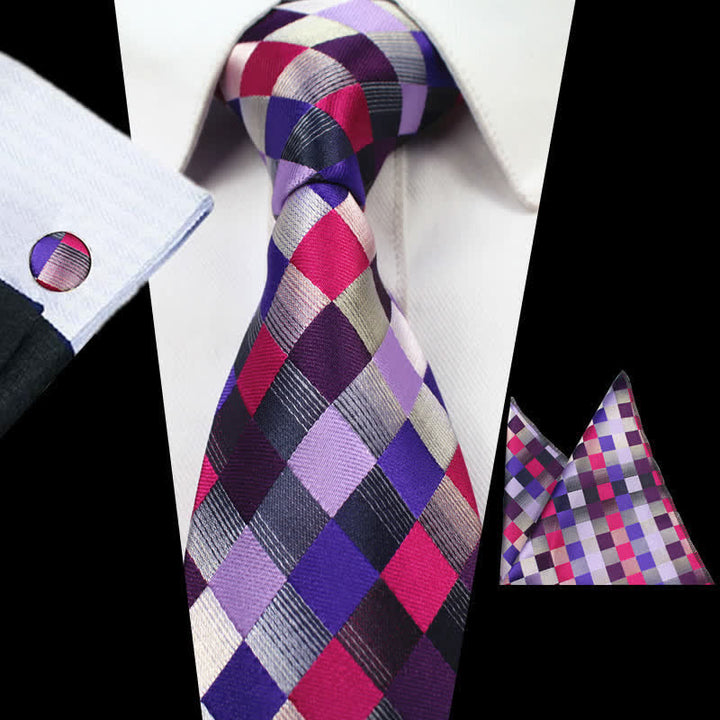 Conjunto de 3 corbatas de cuadros morados y grises para hombre.