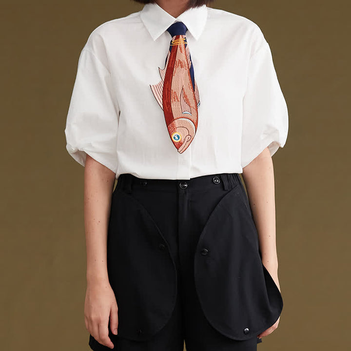 Corbata con cremallera bordada con pez divertido irregular para mujer