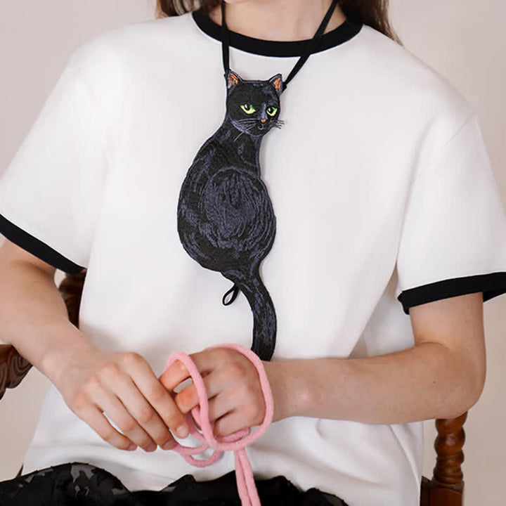 Corbata con cremallera y diseño de gato negro para mujer