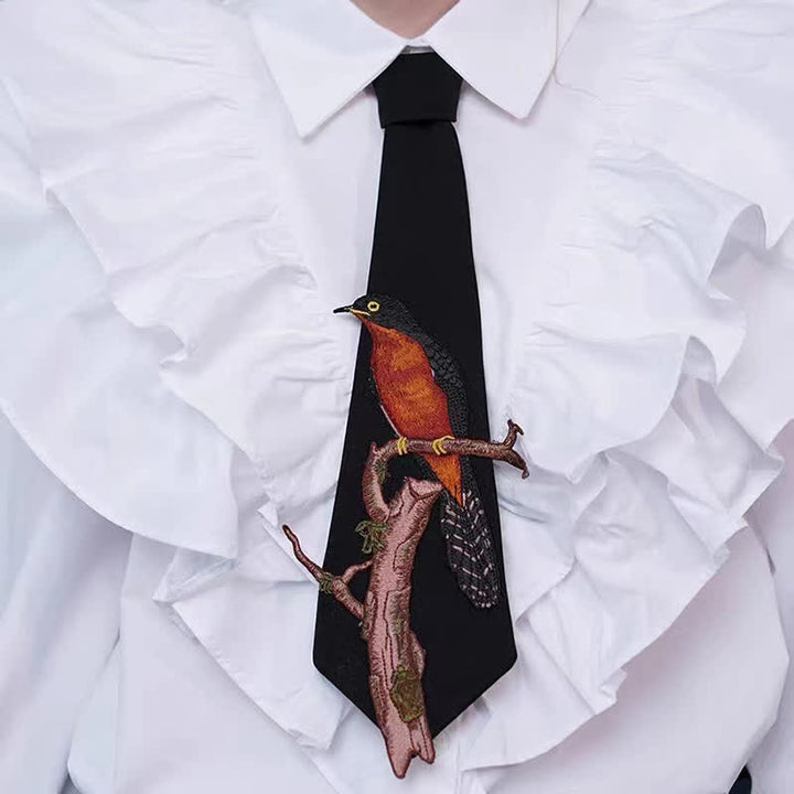 Corbata con cremallera bordada con pájaro en una rama para mujer